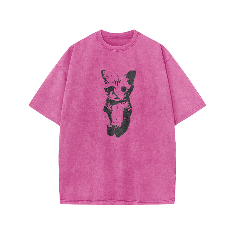 Unisex Cute Cat Print Acid Washed T-shirt