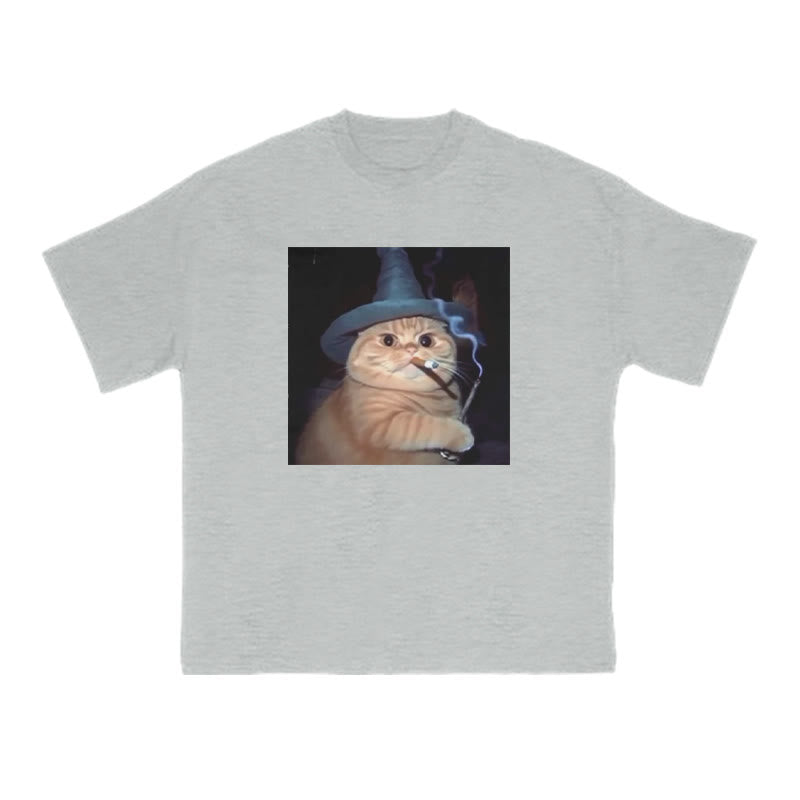 Unisex Smoking Wizard Cat Halloween Print T-shirt