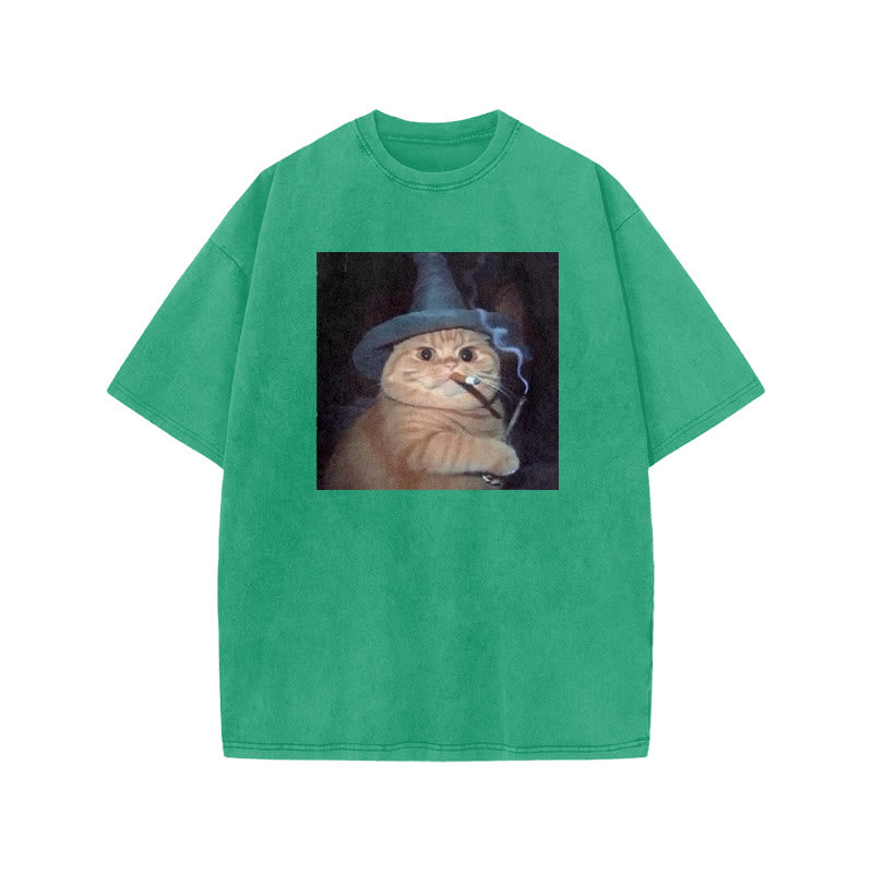 Unisex Smoking Wizard Cat Halloween Print Acid Washed T-shirt