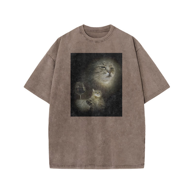 Unisex Cat And Wine Print Acid Washed T-shirt
