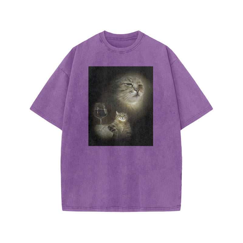Unisex Cat And Wine Print Acid Washed T-shirt