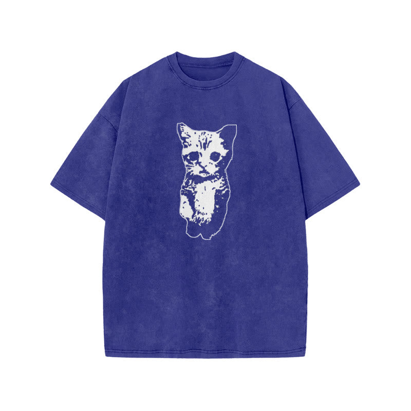 Unisex Cute Cat Print Acid Washed T-shirt