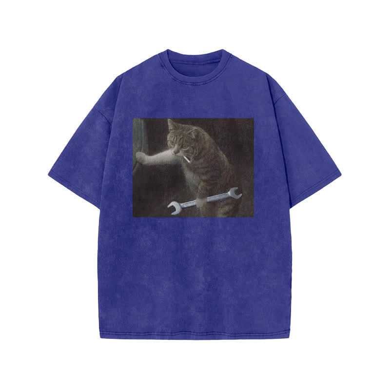 Unisex 100% Cotton Overlord Cat Print Acid Washed T-shirt