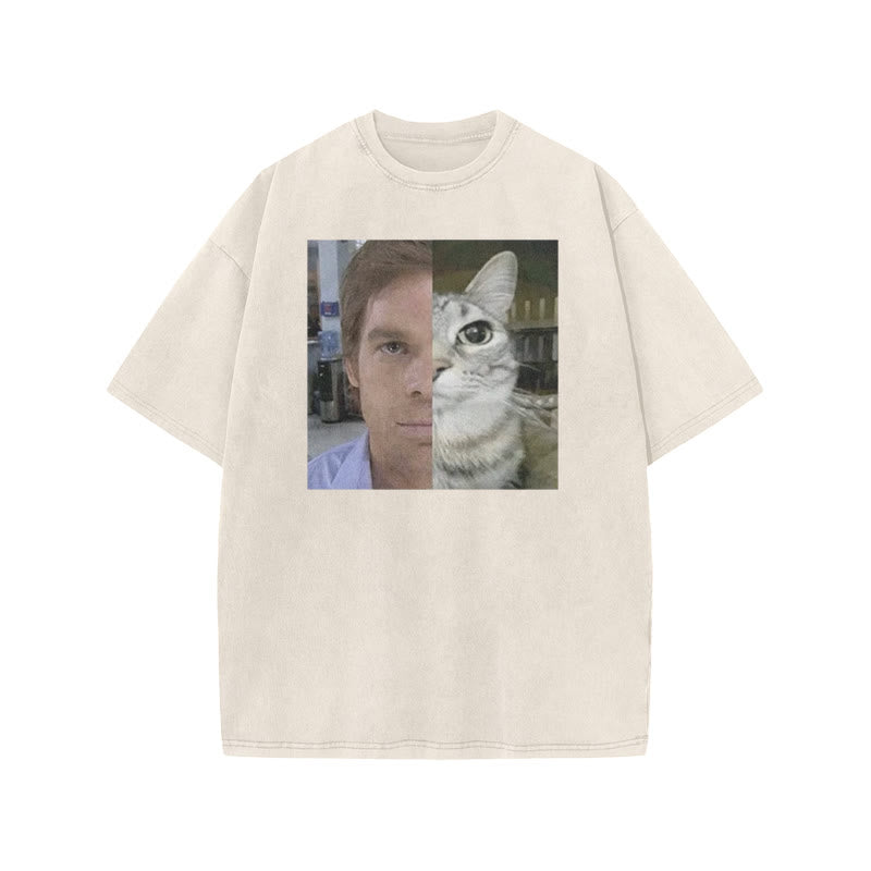Unisex Patchwork Cat Print Acid Washed T-shirt