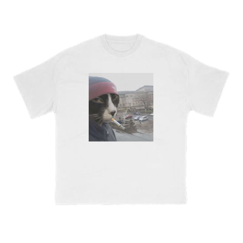 Unisex Smoking Street Style Cat Print T-shirt