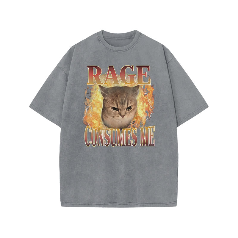 Rage Consumes Me Meme Cat Print Acid Washed T-shirt