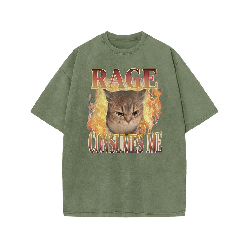Rage Consumes Me Meme Cat Print Acid Washed T-shirt