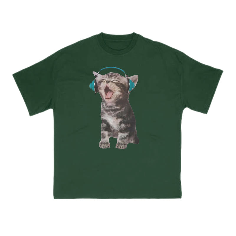 Funny Tabby Cat Wearing Headphones Print T-shirt