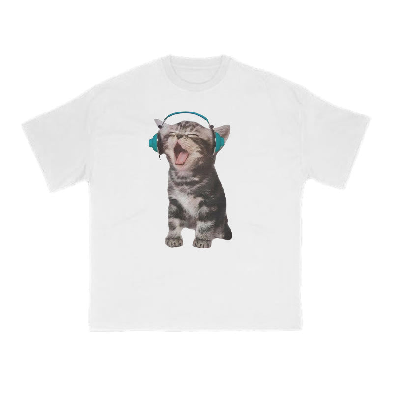 Funny Tabby Cat Wearing Headphones Print T-shirt
