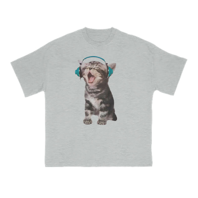 Funny Tabby Cat Wearing Headphones Print T-shirt