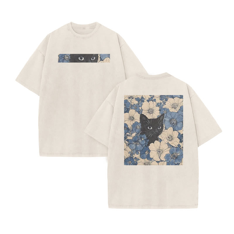 Black Cat In A Patchwork Flower Field Print Acid Washed T-shirt