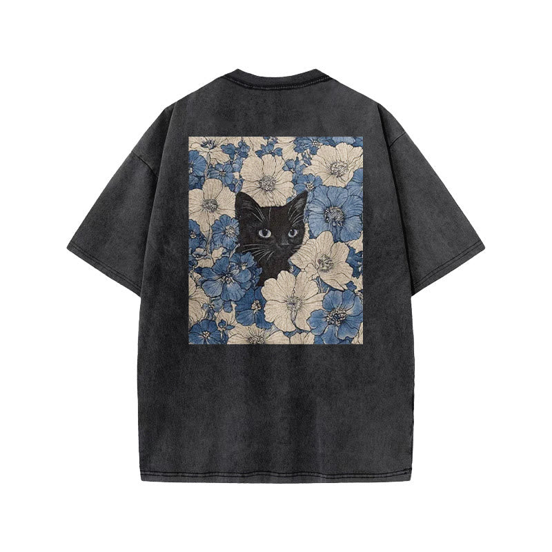 Black Cat In A Patchwork Flower Field Print Acid Washed T-shirt