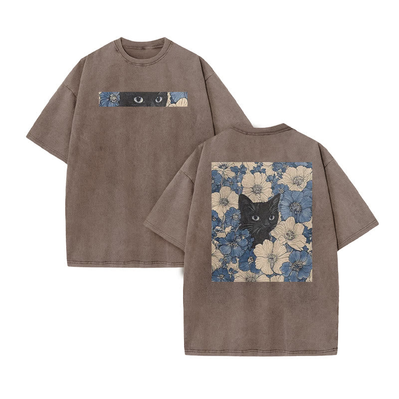 Black Cat In A Patchwork Flower Field Print Acid Washed T-shirt