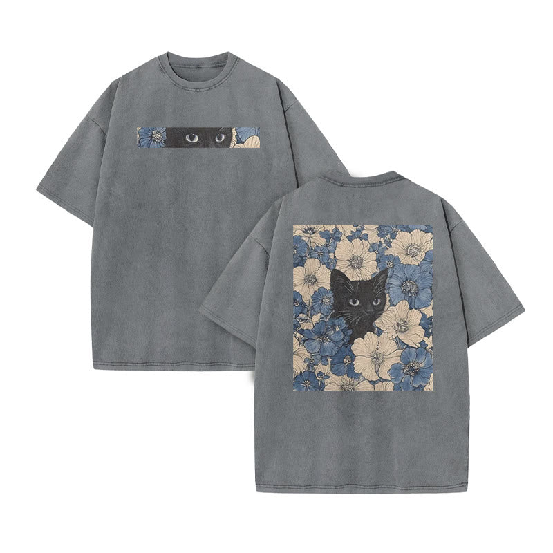 Black Cat In A Patchwork Flower Field Print Acid Washed T-shirt