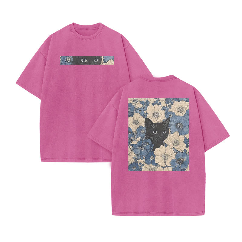 Black Cat In A Patchwork Flower Field Print Acid Washed T-shirt