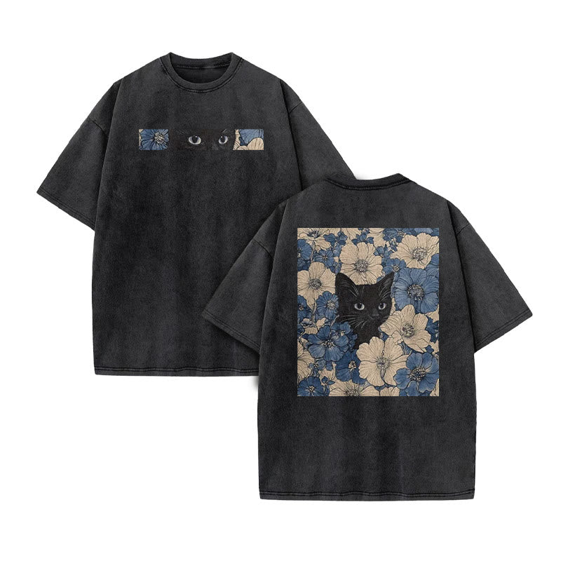 Black Cat In A Patchwork Flower Field Print Acid Washed T-shirt