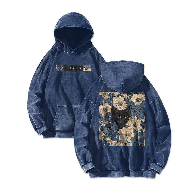 Black Cat In A Patchwork Flower Field Printed Washed Hoodie
