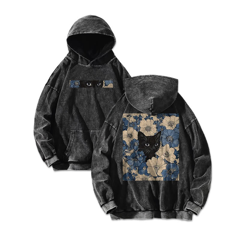 Black Cat In A Patchwork Flower Field Printed Washed Hoodie