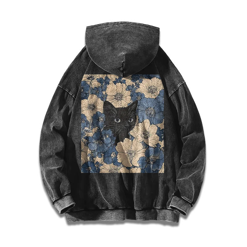 Black Cat In A Patchwork Flower Field Printed Washed Hoodie
