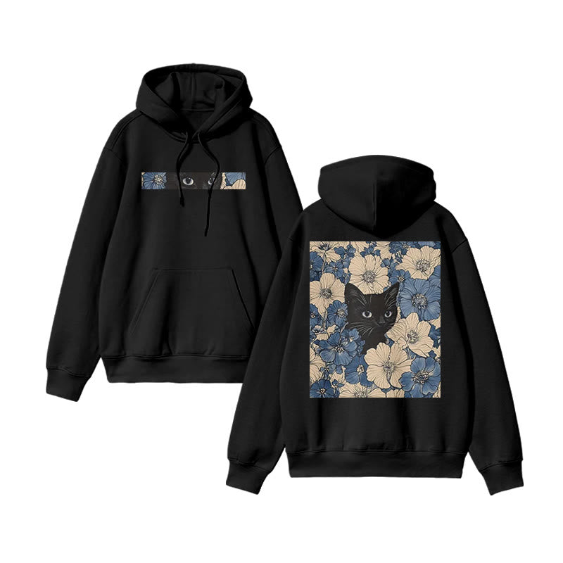 Black Cat In A Patchwork Flower Field Print Hoodie