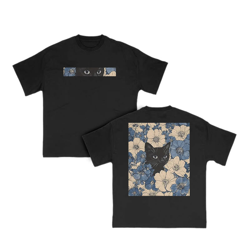 Black Cat In A Patchwork Flower Field Print T-shirt