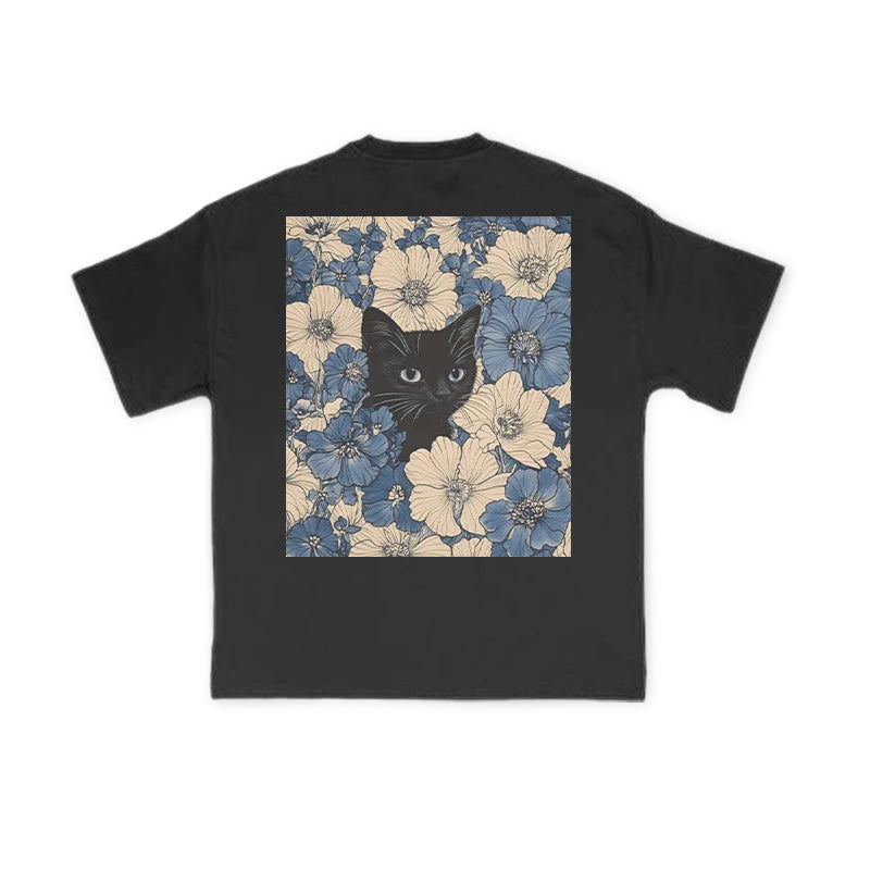 Black Cat In A Patchwork Flower Field Print T-shirt