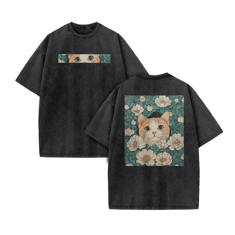 A Black Cat Hidden Among Clusters Of White Flowers Print Acid Washed T-shirt