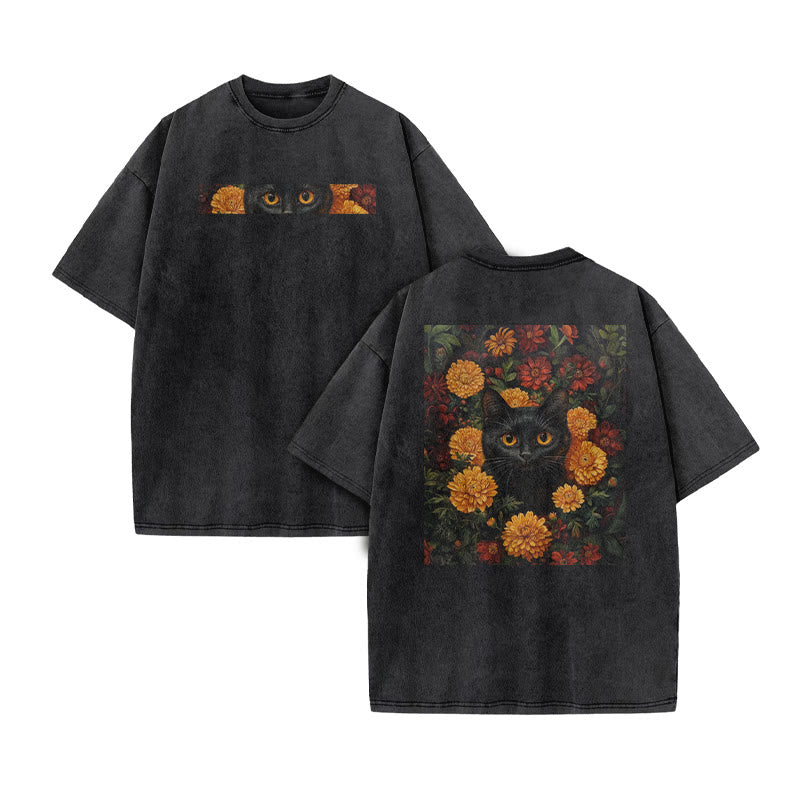 A Black Cat In A Field Of Chrysanthemums Print Acid Washed T-shirt