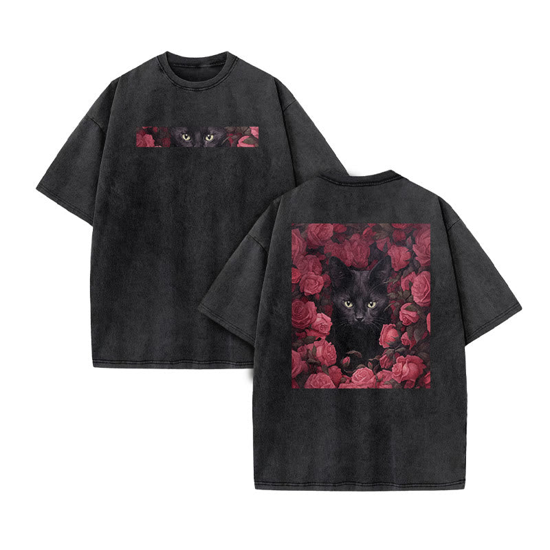 A Black Cat Hidden Among Clusters Of Magenta Roses Print Acid Washed T-shirt