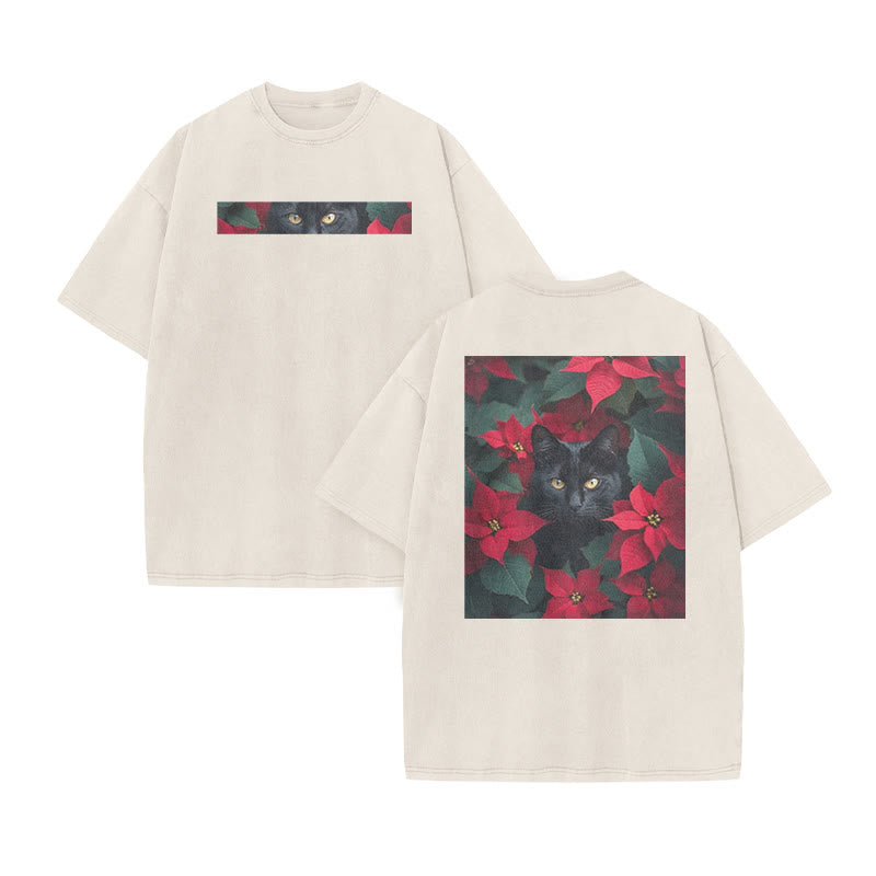 A Black Cat In A Field Of Christmas Flowers Print Acid Washed T-shirt