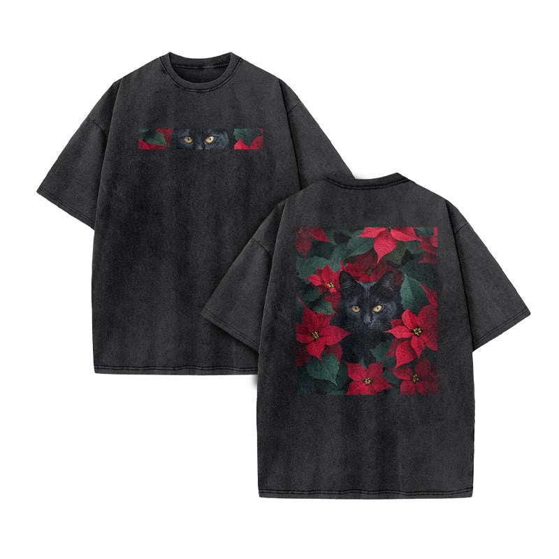 A Black Cat In A Field Of Christmas Flowers Print Acid Washed T-shirt