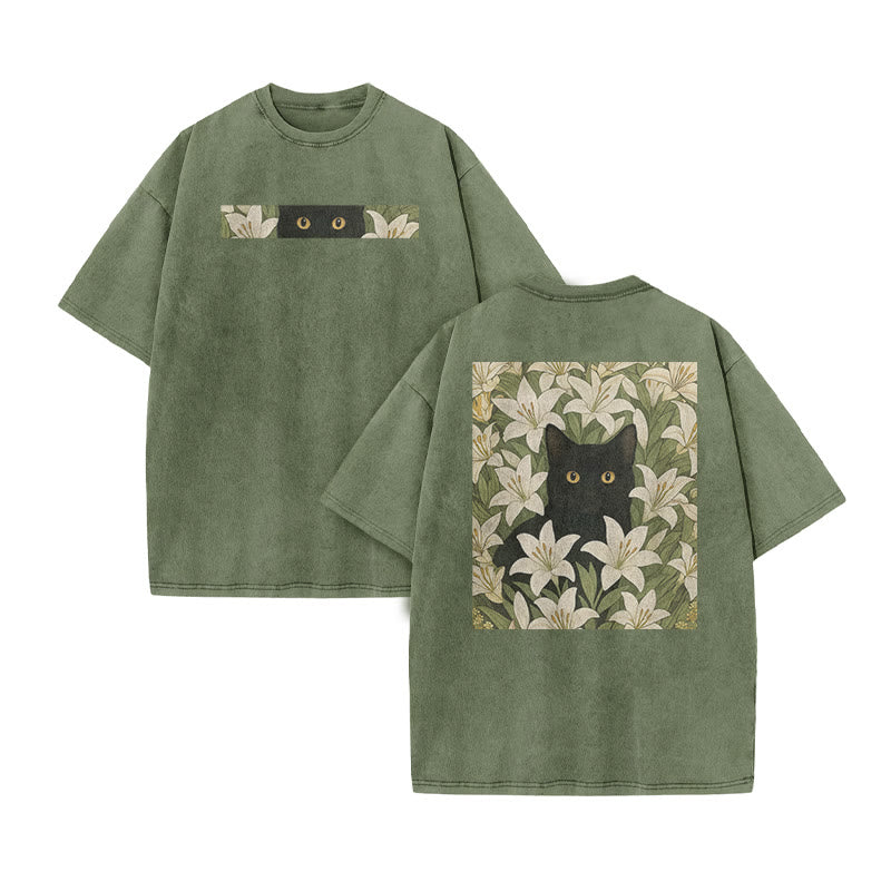 A Black Cat In A Field Of White Lilies Print Acid Washed T-shirt