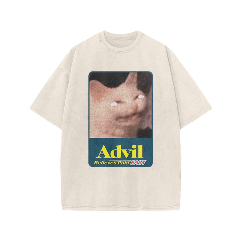 Relieves Pain Fast Crying Cat Funny Print Acid Washed T-shirt