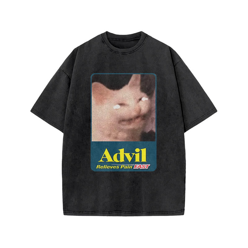 Relieves Pain Fast Crying Cat Funny Print Acid Washed T-shirt