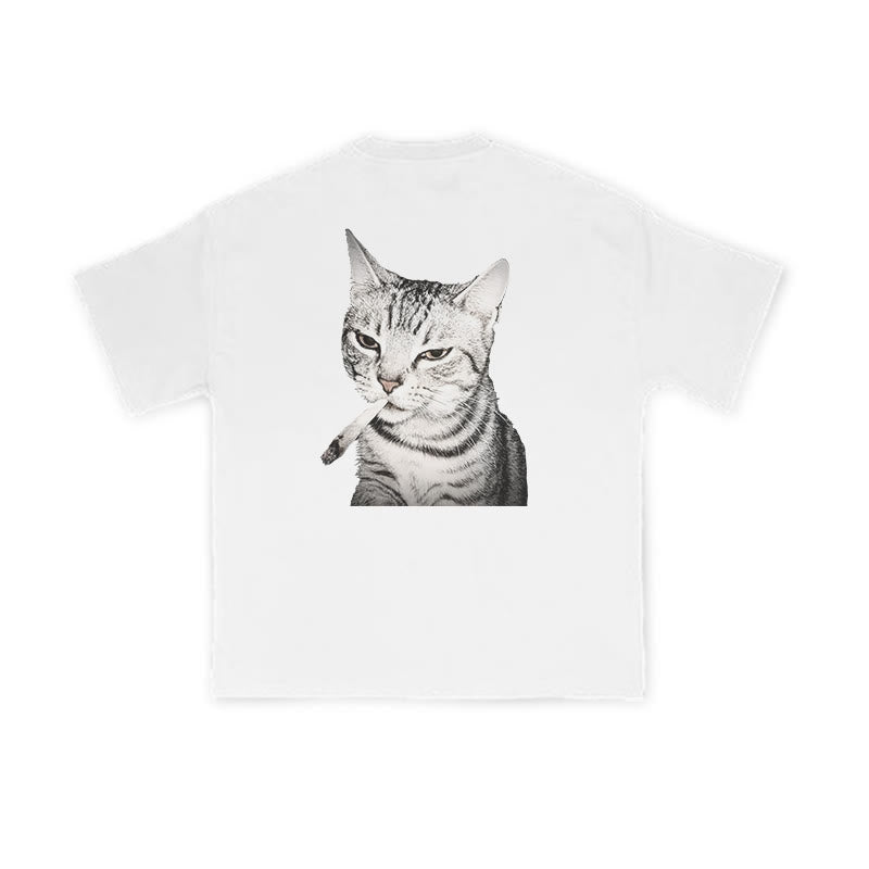 Tabby Cat With A Cigarette In Its Mouth Print Causal T-shirt
