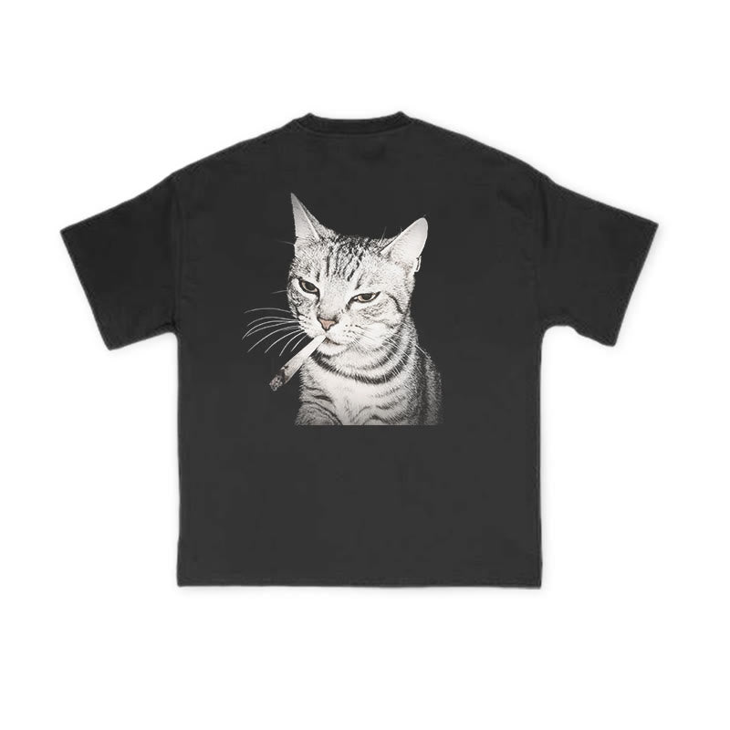 Tabby Cat With A Cigarette In Its Mouth Print Causal T-shirt