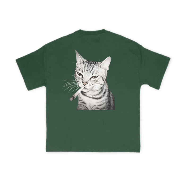 Tabby Cat With A Cigarette In Its Mouth Print Causal T-shirt
