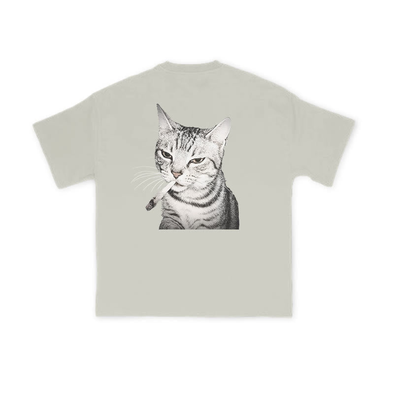 Tabby Cat With A Cigarette In Its Mouth Print Causal T-shirt
