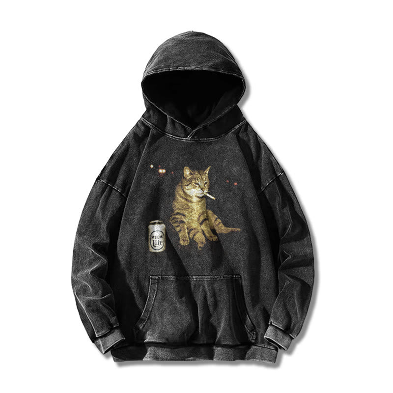 The Decadent Smoking Cat Meow Lite Beer Printed Washed Hoodie