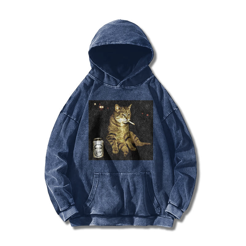 The Decadent Smoking Cat Meow Lite Beer Printed Washed Hoodie