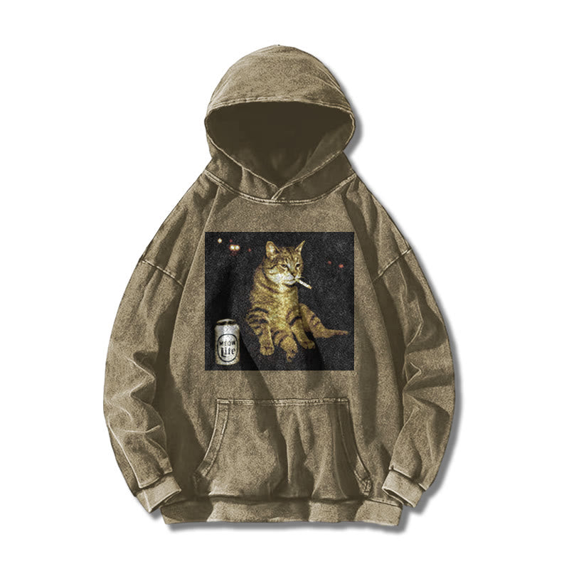 The Decadent Smoking Cat Meow Lite Beer Printed Washed Hoodie