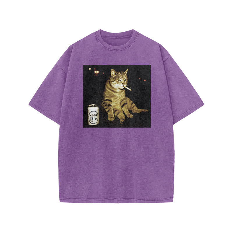 The Decadent Smoking Cat Meow Lite Beer Print Acid Washed T-shirt