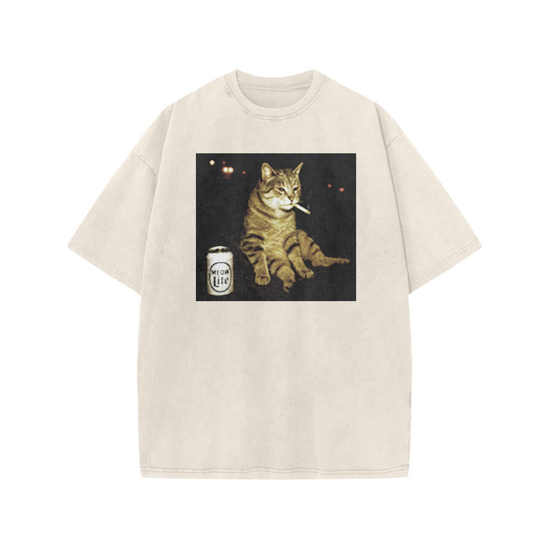 The Decadent Smoking Cat Meow Lite Beer Print Acid Washed T-shirt