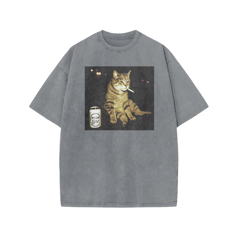 The Decadent Smoking Cat Meow Lite Beer Print Acid Washed T-shirt