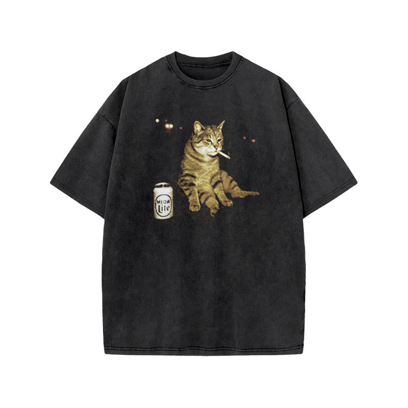 The Decadent Smoking Cat Meow Lite Beer Print Acid Washed T-shirt