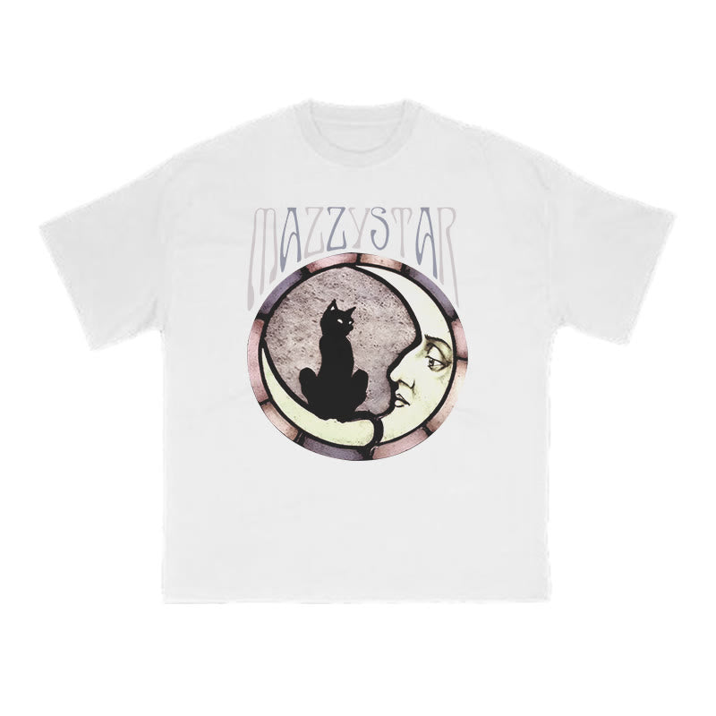 A Black Cat Crouching On The Moon Print T-shirt