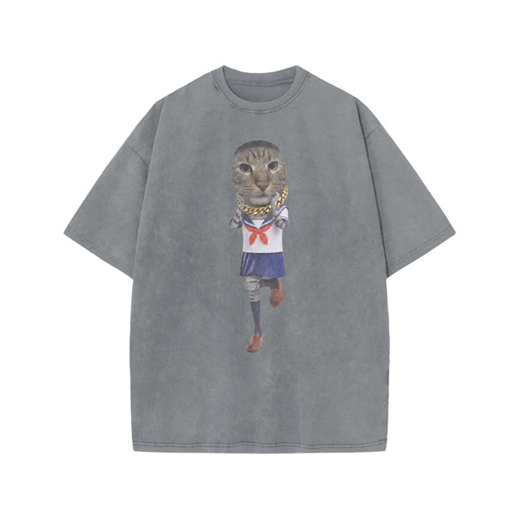 Playful Street Sailor Cat Graphic Print Acid Washed T-shirt