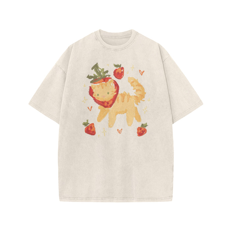Cat Wearing A Strawberry Hood Print Acid Washed T-shirt