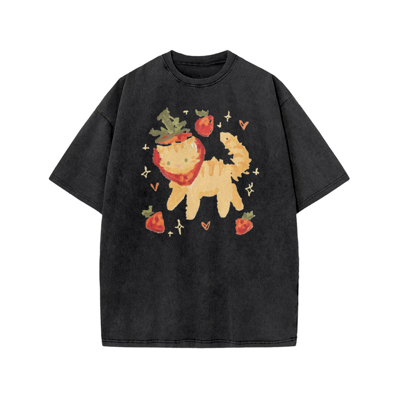 Cat Wearing A Strawberry Hood Print Acid Washed T-shirt