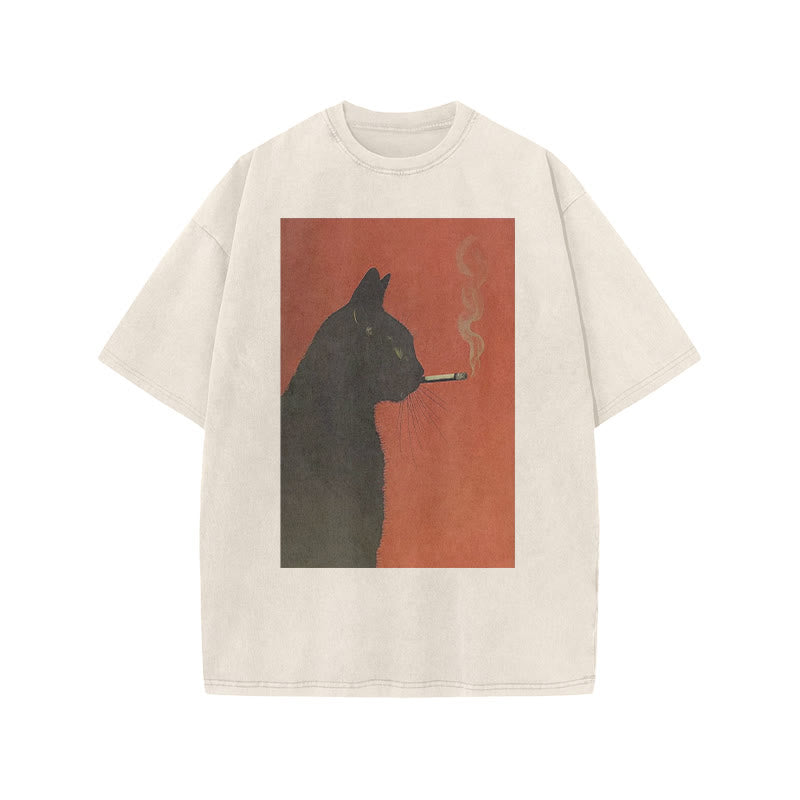 Cool Smoking Black Cat Print Acid Washed T-shirt